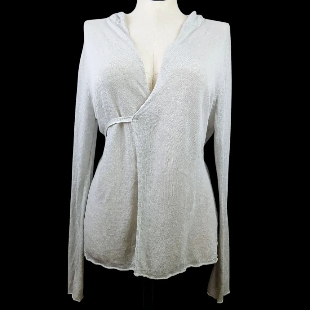 Bryn Walker SZ XL 100% Linen Long Sleeve Hooded Wrap Sweater Lightweight Gray